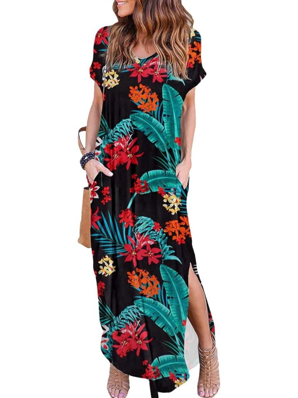 Women Green Leaves Summer Maxi Long Dress Casual Loose Short Sleeve Split Pocket